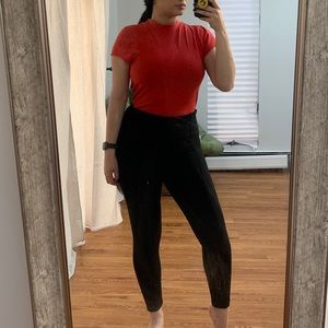 Red Acid Wash Backless Mock Neck Cotton Tee Shirt